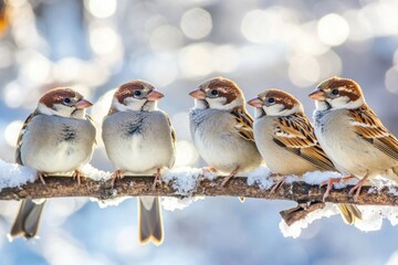 sparrows sitting on a branch in the snow in the winter - Generated AI