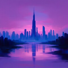 Obraz premium A majestic skyline of a futuristic city with a tall skyscraper reflecting on a serene river during a vibrant sunset.