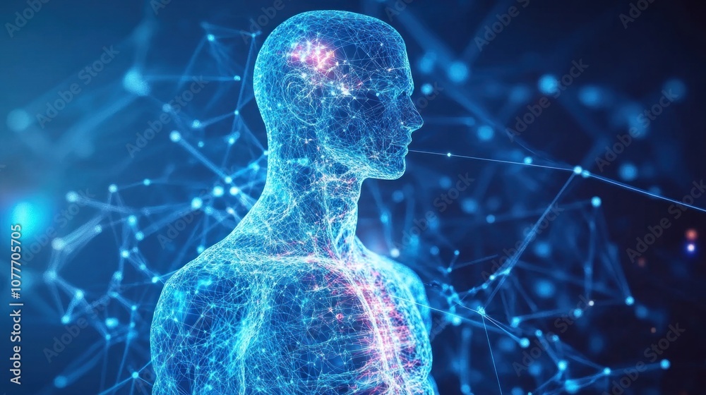 Poster 3D rendering of artificial intelligence concept on blue background with lines and dots - Generated AI