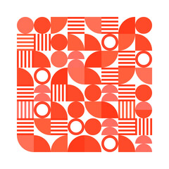 Abstract geometric pattern featuring a variety of red and orange shapes, including circles, semicircles, quarter circles, and stripes.