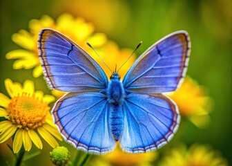 Fototapeta premium Nature's artistry unfolds as a blue butterfly graces a yellow bloom, a springtime symphony in macro focus.