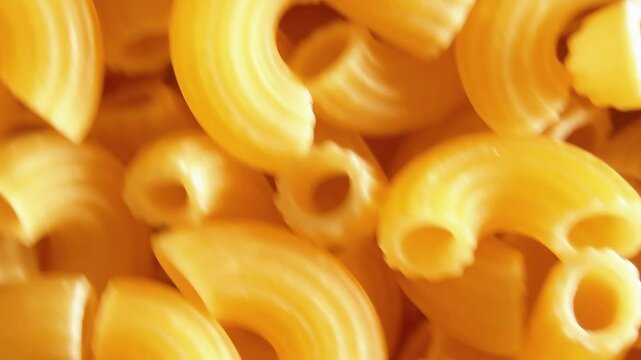Uncooked Chifferi Rigati Pasta - Top View, Close-Up. Fat and Unhealthy Food. Classic Dry Macaroni, Rotating Background. Italian Culture and Cuisine. Raw Golden Pasta Texture - Right Angular Rotation