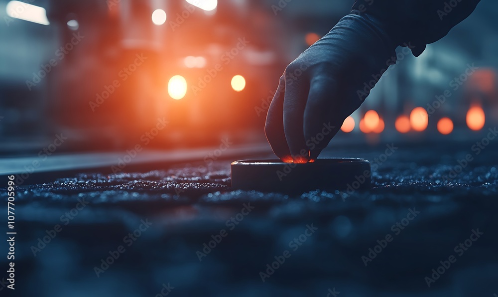 Aufkleber a close-up of a gloved hand adjusting a device on a textured surface, with an industrial environment