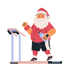 Santa Claus exercising on treadmill fitness theme cheerful Santa in sportswear holding water bottle smartwatch on wrist treadmill workout holiday health