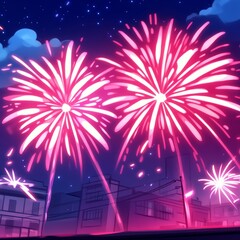 Pink fireworks explode over a city skyline at night.