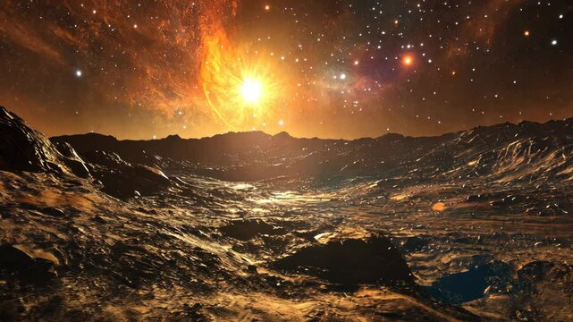 alien planet landscape with bright sun and starry sky. science fiction and astronomy concept