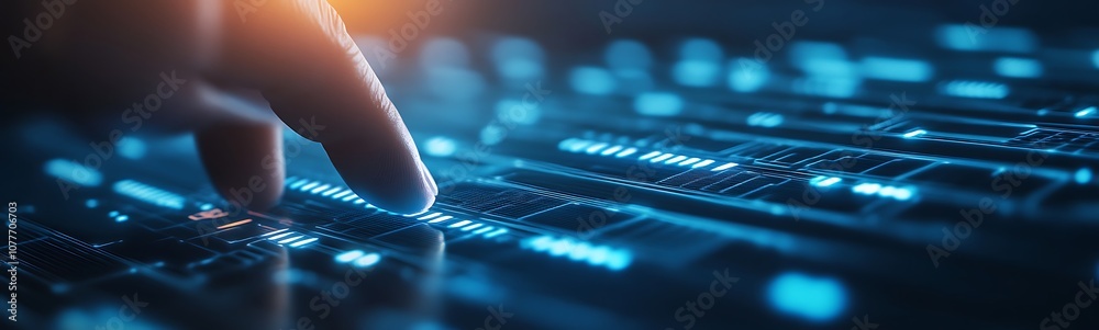 Fototapete A close-up of a finger interacting with a glowing digital interface, displaying vibrant data streams and visualizations in a high-tech environment.