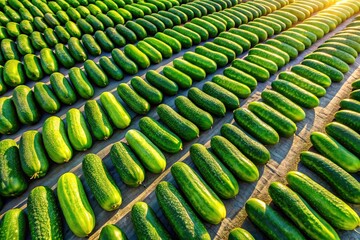 Obraz premium Overhead view of a dill pickle farm, rows of green pickles stretching to the horizon.