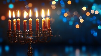 A traditional menorah with nine lit candles, symbolizing the eight days of Hanukkah, against a bokeh background.