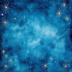 Watercolor painting of a night sky with stars and a galaxy.