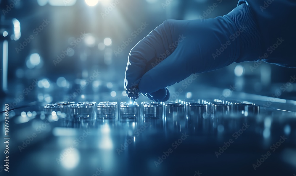 Poster a person in a blue glove carefully handles small vials in a laboratory setting, illuminated by soft,