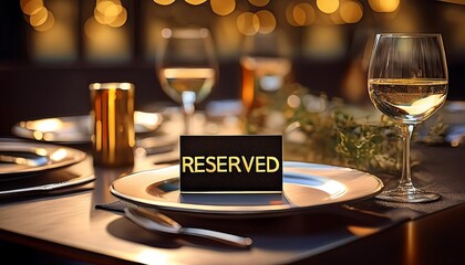 Small gold and black reserved card text sign on a dinner setting on a table in luxury restau