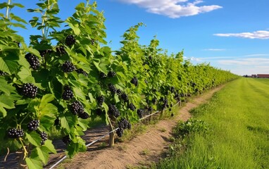 A vineyard with lush green grapevines bearing ripe black grapes under a clear blue sky.
