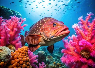 Pink coral reef, grouper highlighted.  Underwater scene, balanced thirds.  Aquatic life.