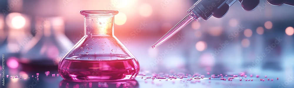 Poster A vibrant laboratory setting showcasing a pink liquid in a flask, with a pipette adding more liquid, highlighting scientific experimentation.