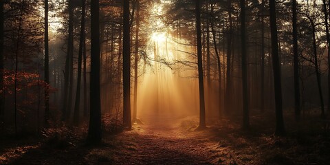 Obraz premium Mystical Sunbeams Through Forest Trees