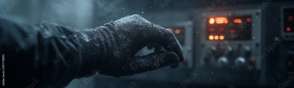 Aufkleber A close-up of a gloved hand reaching towards control knobs, surrounded by a moody atmosphere with soft lighting and a professional setting.