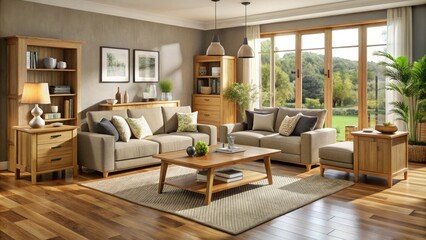 Naklejka premium Transform your living space with elegant blonde oak furniture, perfect for modern interiors and cozy settings, effortlessly elevating your home decor style.