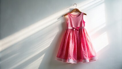 This adorable pink summer dress for children hangs gracefully on a white background, embodying fun and playful fashion ideal for children&acirc;&euro;&trade;s clothing catalogs and summer styles.