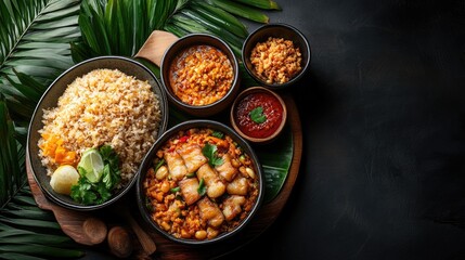A delicious Asian meal with rice, fish, and vegetables, served on a wooden tray with a side of sauce.