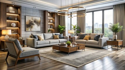 Fototapeta premium Transform your living space with modern furniture sets that offer ample room, stylish aesthetics, and a sophisticated color scheme, ideal for contemporary decor.