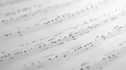 Close up of sheet music with notes and clefs.