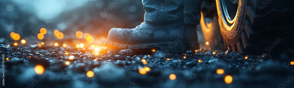 Aufkleber A close-up of a boot on gravel, surrounded by glowing lights, creating a magical and adventurous atmosphere.