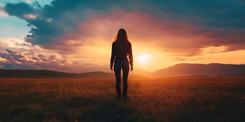 Silhouette of woman walking towards sunset in field