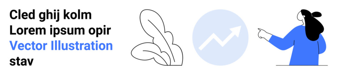 Woman in blue clothing points at circular graph with upward arrow. Abstract squiggle shapes and placeholder text on the left. Ideal for business presentations, marketing, strategy, sales growth