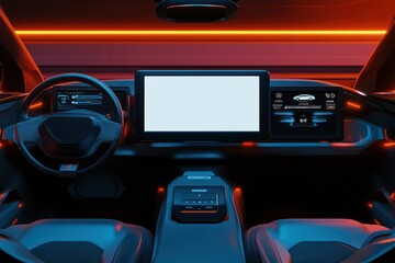 Futuristic car interior featuring a large display and illuminated accents.