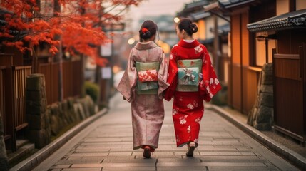 Fototapeta premium Two Women in Kimono Walking Through a Japanese Street