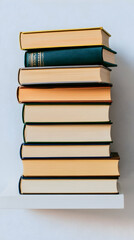 A stack of ten books on a white shelf against a white wall.