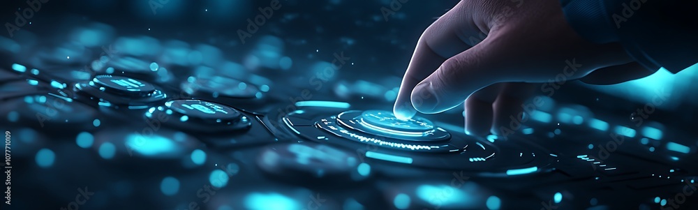 Poster a hand reaches towards glowing, futuristic technology, creating a vibrant, digital interaction in a 