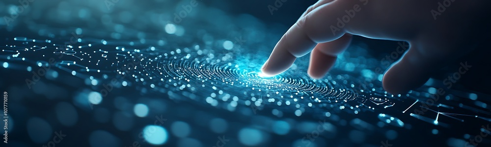 Poster a hand reaches toward a blue, shimmering digital surface, representing technology, connectivity, and