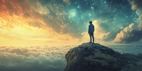 Fototapeta premium Man Looking at the Stars in the Sky with Clouds Below