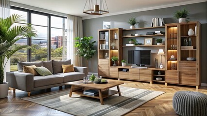 Fototapeta premium Transform your living space with chic furniture units designed for modern decor, providing stylish storage solutions that enhance both functionality and aesthetic appeal.