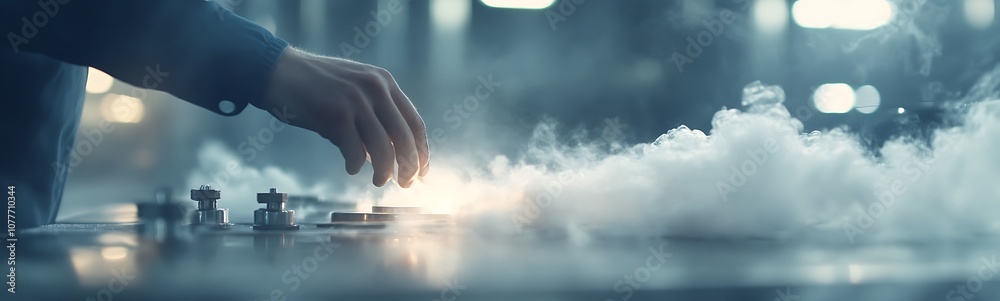 Aufkleber A hand adjusts controls emitting light amidst a cloud of vapor, creating a futuristic and immersive atmosphere.