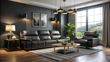 Fototapeta premium Transform your living space with chic black furniture and a reclining sofa, blending ultimate comfort with a contemporary aesthetic for a stylish home environment.