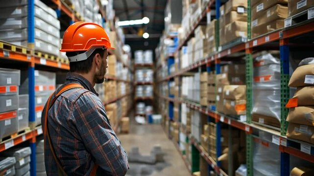 A worker wearing a hard hat stands between towering shelves in a warehouse, reviewing inventory while surrounded by neatly stacked boxes and materials