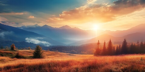 Obraz premium Golden Sunrise Over Mountain Range With Fog And Forest