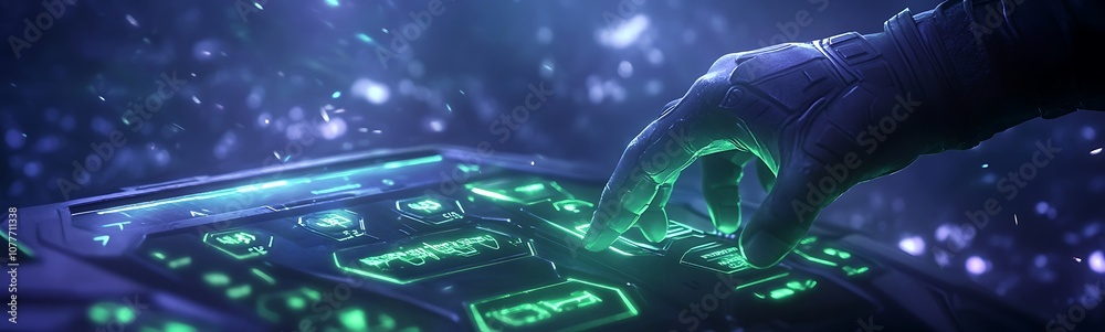 Poster a close-up of a hand interacting with a high-tech, glowing control panel, set against a mystical, co