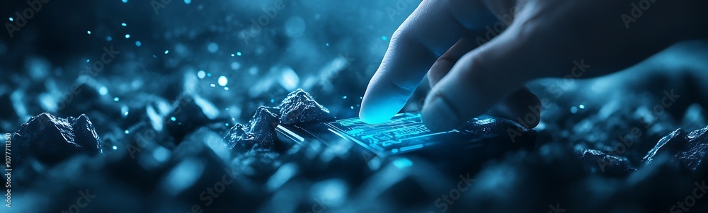 Poster a close-up view of a hand interacting with a glowing, intricate digital surface, suggesting themes o