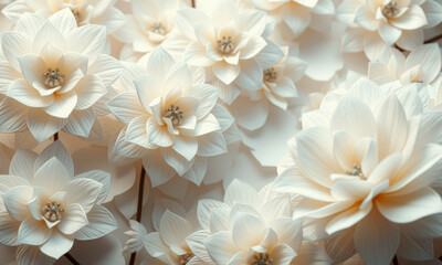 Delicate artificial flowers in soft white tones create serene atmosphere, perfect for home decor or events. Their intricate design adds elegance and charm