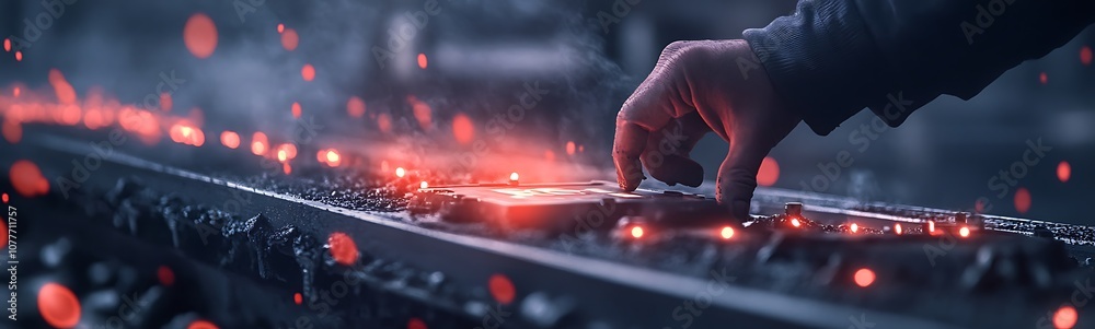 Poster a close-up of a hand adjusting a glowing control panel, surrounded by a misty environment, emitting 
