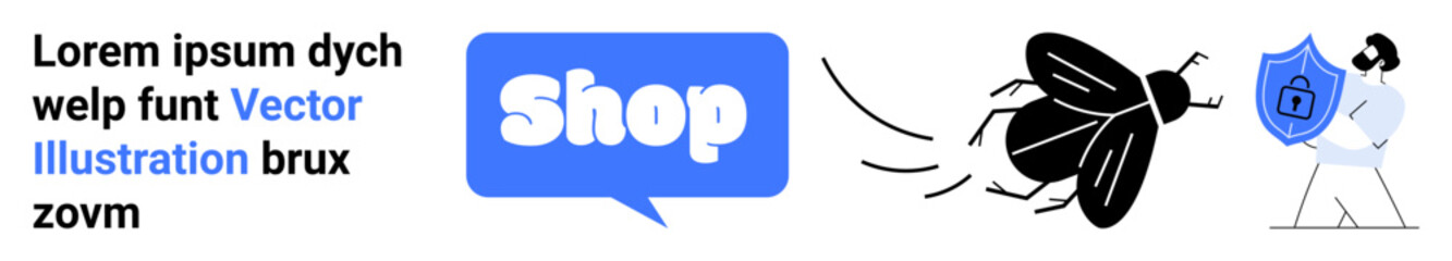 Shop text in a blue speech bubble, a flying beetle, and a person holding a shield symbolizing security. Ideal for online shopping protection concepts, cyber defense, e-commerce safety, cybersecurity