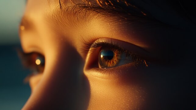 A close-up of a person's eyes focused on a tiny, fuzzy object in the distance, symbolizing myopia
