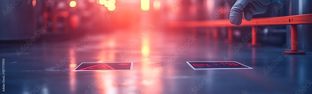 Aufkleber a futuristic industrial setting with glowing lights, focused on the floor and open access points, su