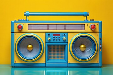 Fototapeta premium Vibrant retro boombox in yellow and blue, ideal for music enthusiasts; captures nostalgic essence while delivering delightful beats for a fun listening experience.
