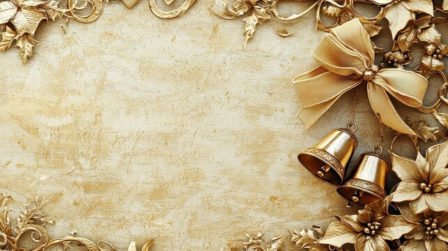 Rich antique gold invitation card, decorated with bells and ribbons, with a retro holiday backdrop and soft cream tones. Classic and festive design, full of nostalgic warmth, delicate texture