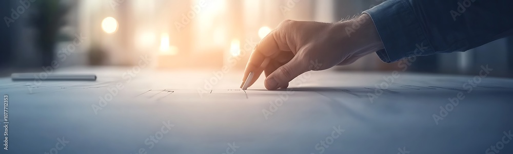 Poster a hand delicately examines a blueprint on a table, illuminated by soft, warm light in a thoughtful s